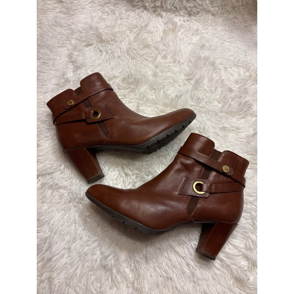 Anne Klein Iflex Brown Leather Ankle Boots Almond Toe Block Heel Size 9.5M